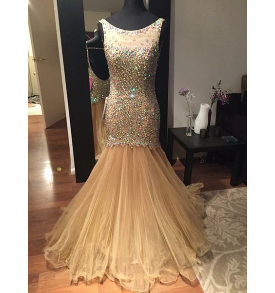 Golden Slim Long Prom Dress,sexy Mermaid Beading Long Prom Dresses,fashion Backless Evening Dresses,2016 Grad Dress