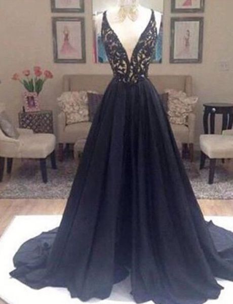 Black Long Prom Dresses, A-line V-neck Lace Prom Dresses,2016 Evening Formal Gowns ,graduation Dress