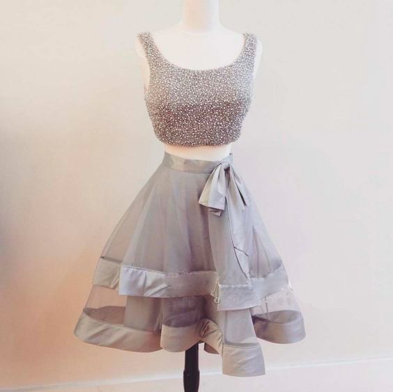 Cute Gray 2 Pieces Short Prom Dress,a-line Tulle Beading Short Prom Gowns, Homecoming Dress,cute Dress For Girls