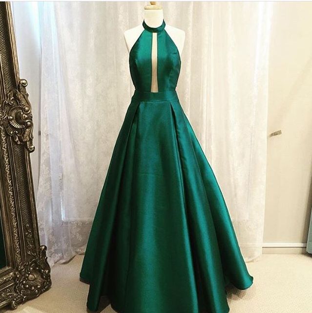 Green Halter Plunging A-line Floor-length Prom Dress, Evening Dress