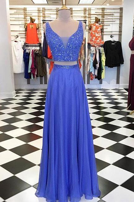 Blue Two Pieces Beads Long Prom Dress, Blue Evening Dress