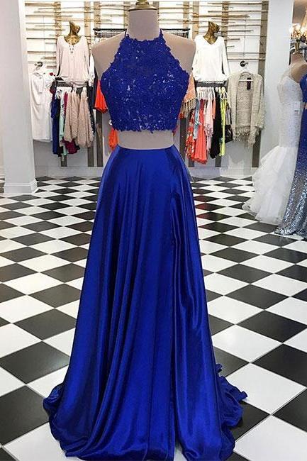 Blue Two Pieces Long Prom Dress, Blue Evening Dresses