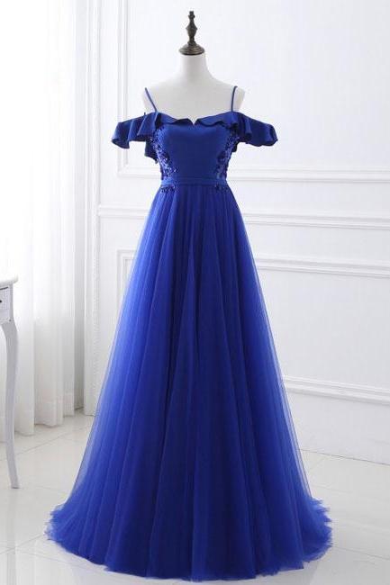 Blue Tulle Off Shoulder Long Prom Dress, Blue Evening Dress