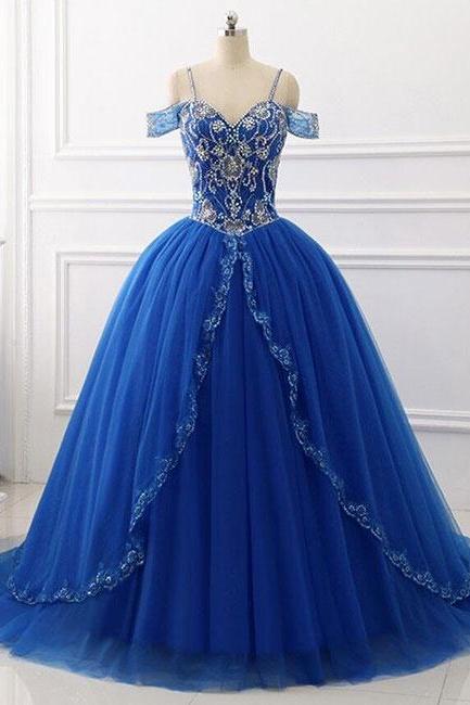 Blue Sweetheart Beads Sequin Long Prom Dress, Blue Evening Dress