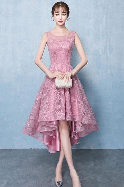 Pink Round Neck Tulle Lace Short Prom Dress, Homecoming Dress