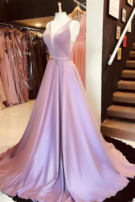 Simple Pink V Neck Long Prom Dress, Pink Evening Dress