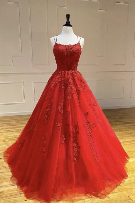 Red Lace Tulle Long Prom Dress, Red Evening Dress