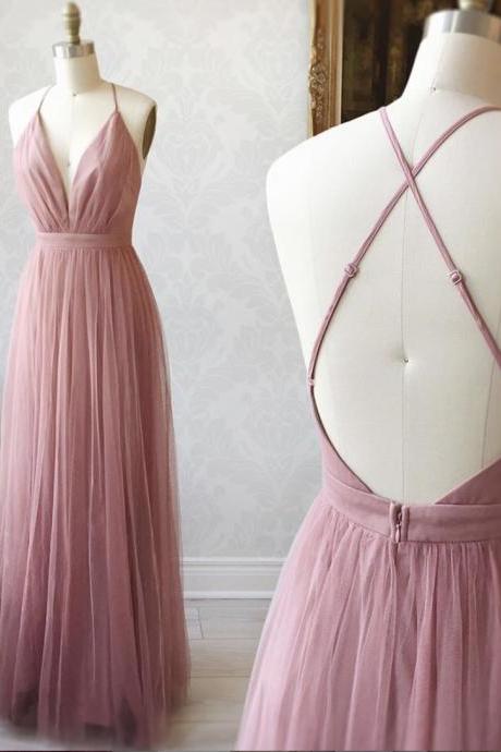 Pink V Neck Tulle Prom Dress Pink Evening Dress