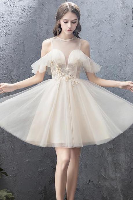 Champagne Tulle Lace Short Prom Dress