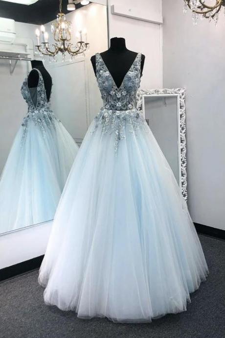 Blue V Neck Tulle Lace Long Prom Dress Evening Dress