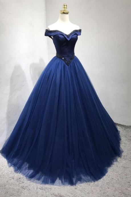 Blue Tulle Beads Long Prom Gown Formal Dress