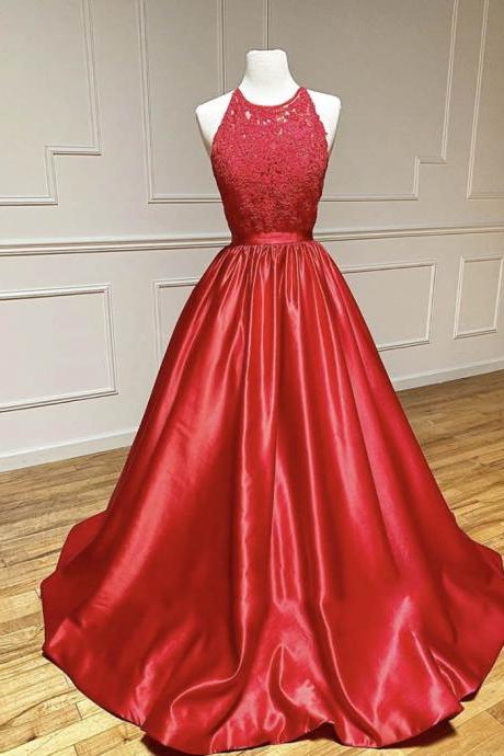 Red Satin Lace Long Prom Dress Evening Dress