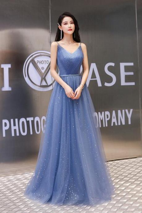 Blue Tulle Long Prom Dress Simple Evening Dress