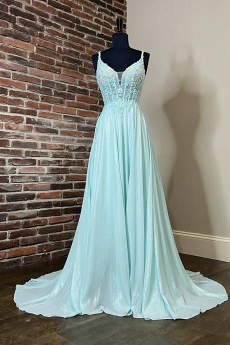 Blue Lace Long Prom Dress Blue Evening Dress