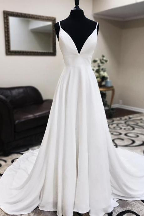 White V Neck Long Prom Gown Formal Dress