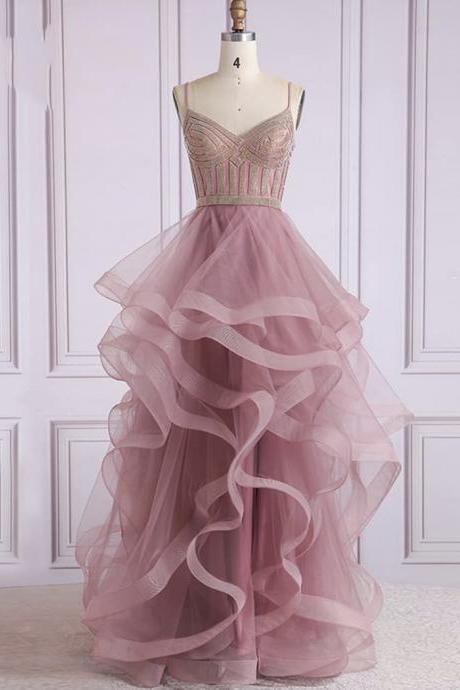 Pink Tulle Beads Long Ball Gown Dress Evening Dress