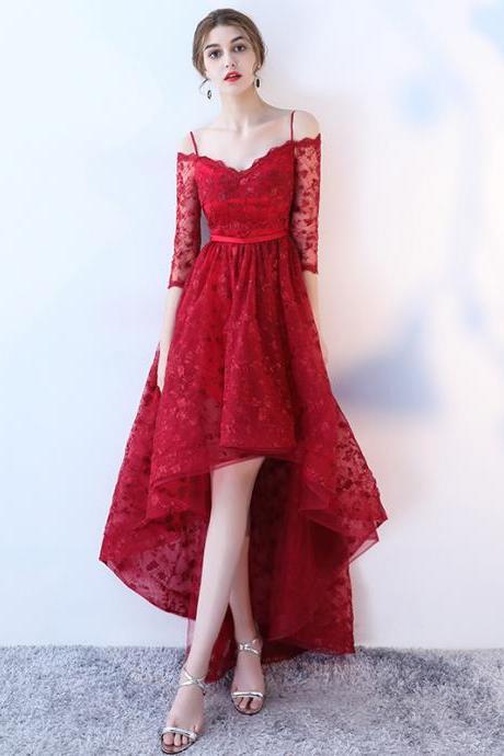 Burgundy Lace High Low Prom Dress Evening Dress