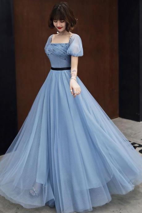Elegant Blue Tulle Long Ball Gown Dress Evening Dress