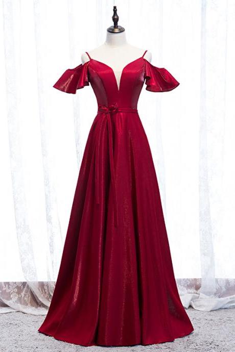 Burgundy Off Shoulder Satin Long Prom Dress