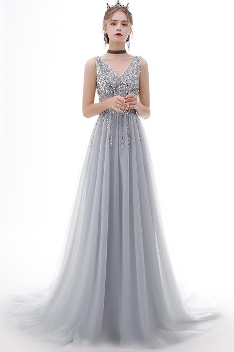Gray V Neck Tulle Beads Long Prom Dress Evening Dress