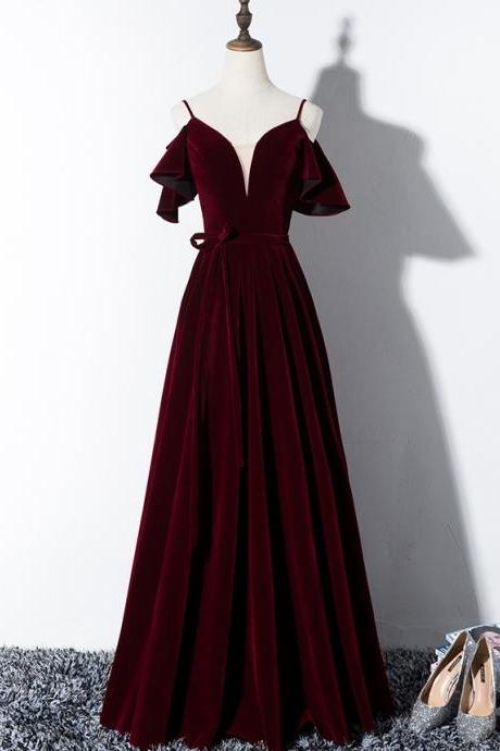 Burgundy Velvet Long Prom Dress Formal Dress