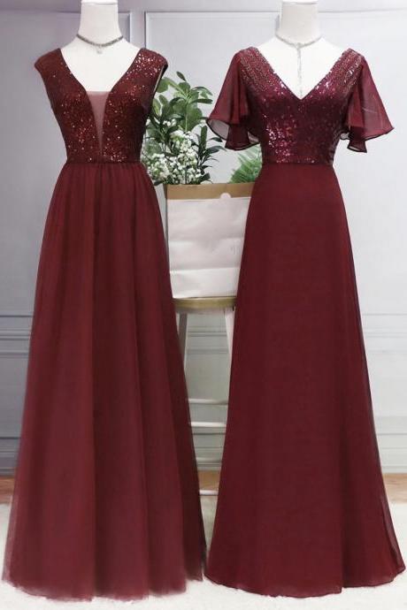 Burgundy V Neck Sequins Long Prom Dress Evening Dress