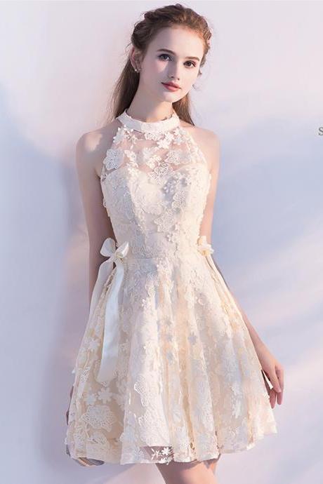 Cute Champagne Tulle Lace Short Prom Dress Homecoming Dress