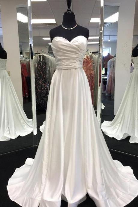 White Satin Sweetheart Neck Long Prom Dress Evening Dress
