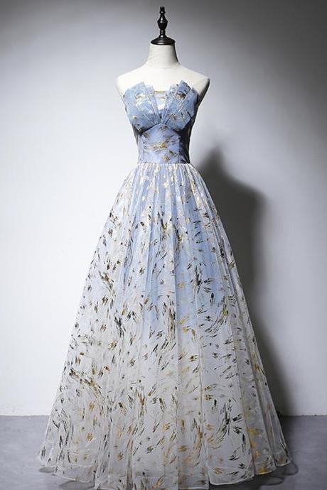 Blue tulle strapless long ball gown dress formal dress