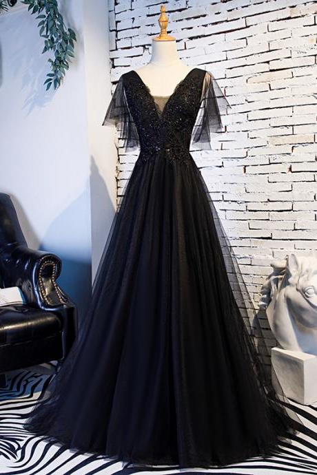 Black V Neck Tulle Lace Long Prom Dress Evening Dress