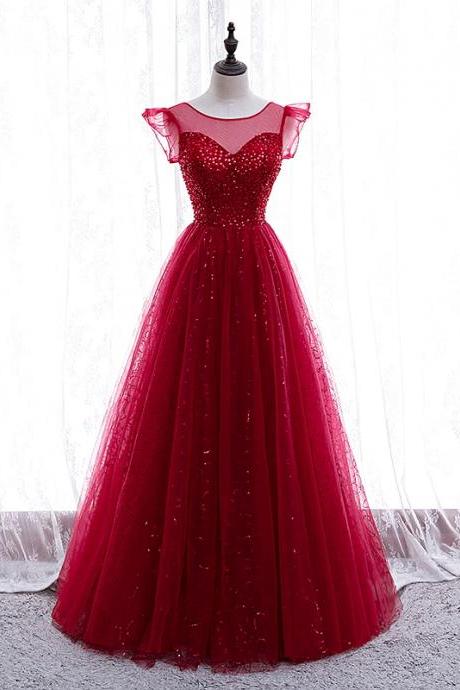 Burgundy Tulle Sequins Prom Dress Evening Dress