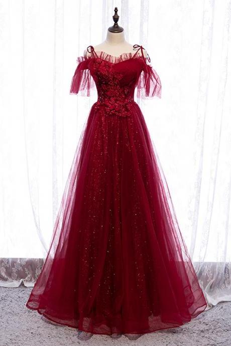 Burgundy lace long prom dress evening dress
