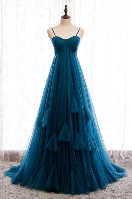 Blue Tulle Long Prom Gown Evening Dress