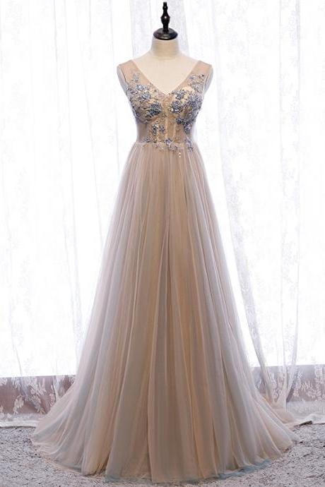 Champagne v neck tulle beads long prom gown formal gown