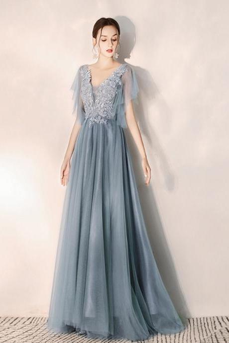 Blue v neck tulle lace long prom dress formal dress