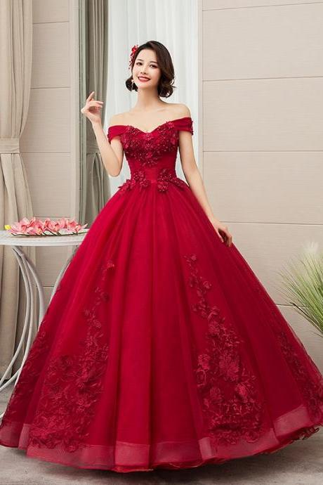 Burgundy tulle lace long ball gown dress formal dress