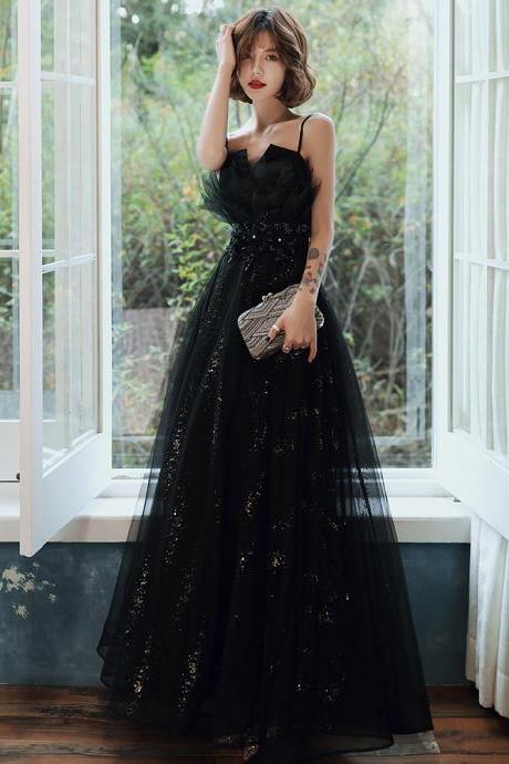 Black lace sequins long prom dress evening dress