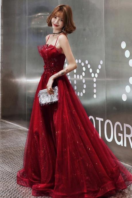 Burgundy Lace Sequins Long Prom Dress Evening Dress