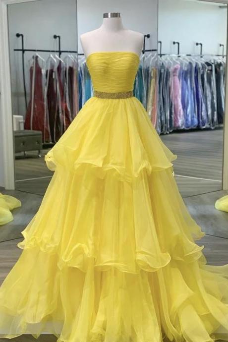 Yellow tulle long prom gown formal dress