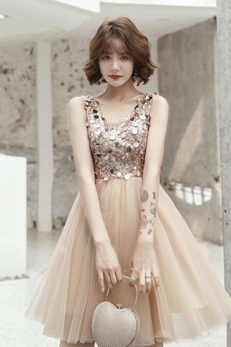 Cute V Neck Prom Dress A Line Tulle Sequins Party Dress Homecoming Dress