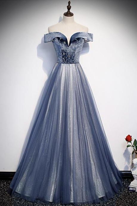 Blue velvet tulle long prom dress evening dress