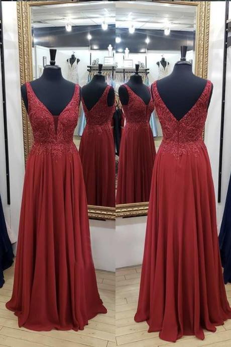 Burgundy Chiffon Lace Long Prom Dress Evening Dress