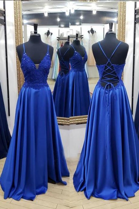 Blue satin lace long prom dress evening dress
