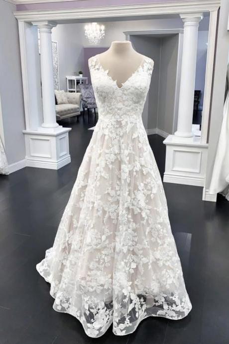 White V Neck Tulle Lace Long Prom Dress Evening Dress