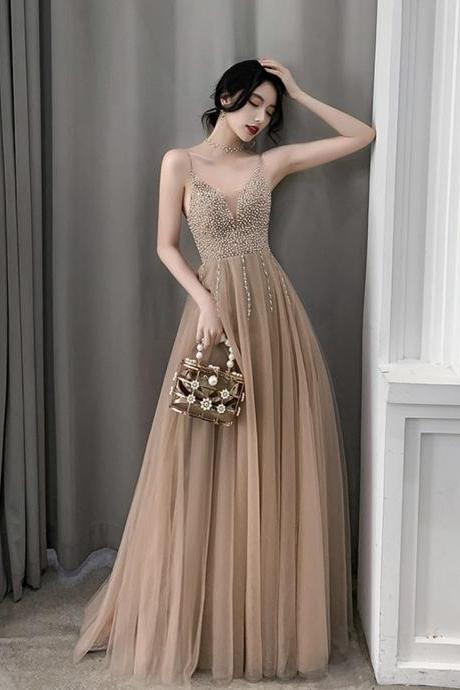 Stylish V Neck Tulle Long Prom Dress Evening Dress
