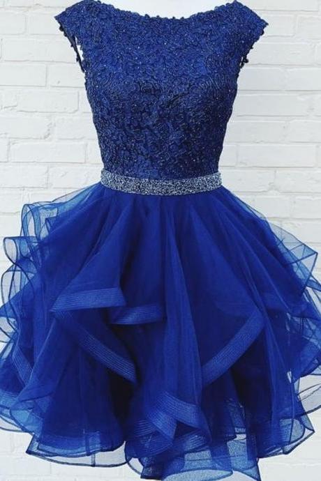 Blue Lace Short Prom Dress Homecoming Dress