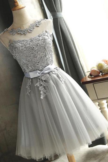 Gray lace short prom dress lace evening dress