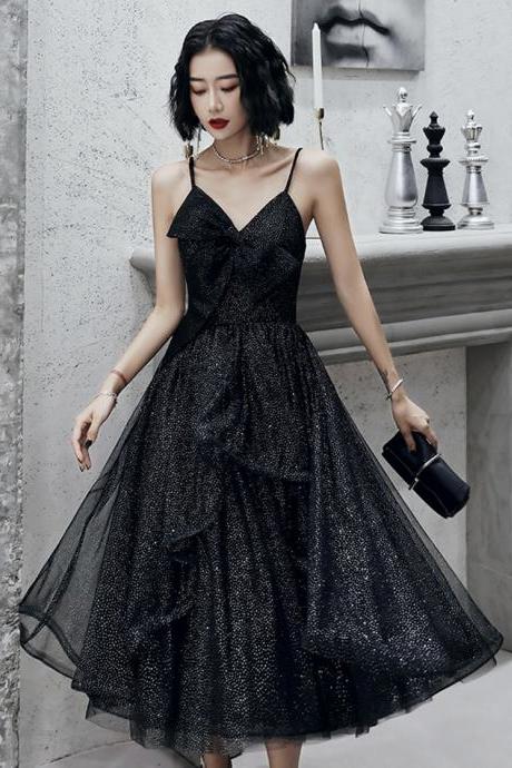 Black V Neck Tulle Sequins Prom Dress Short Evening Dress
