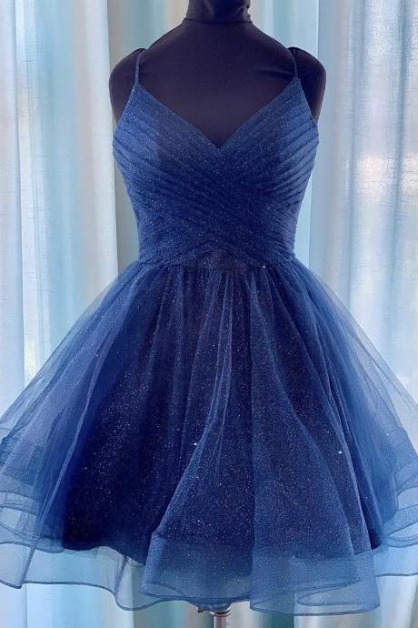 Blue V Neck Tulle Short Prom Dress Homecoming Dress
