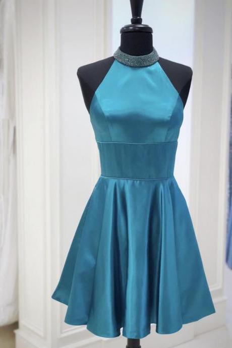 Blue Satin Beaded Short Prom Dress Homecoming Dress